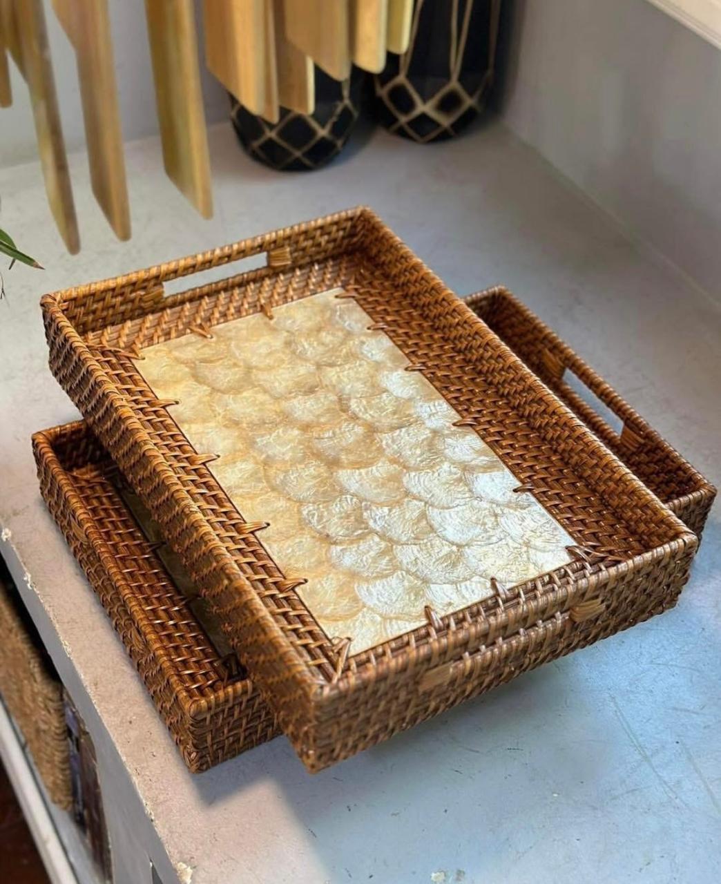 Rattan Seashell Capiz Rectangular Tray