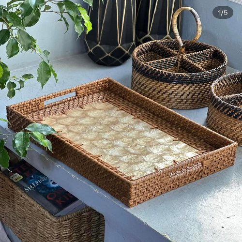 Rattan Seashell Capiz Rectangular Tray